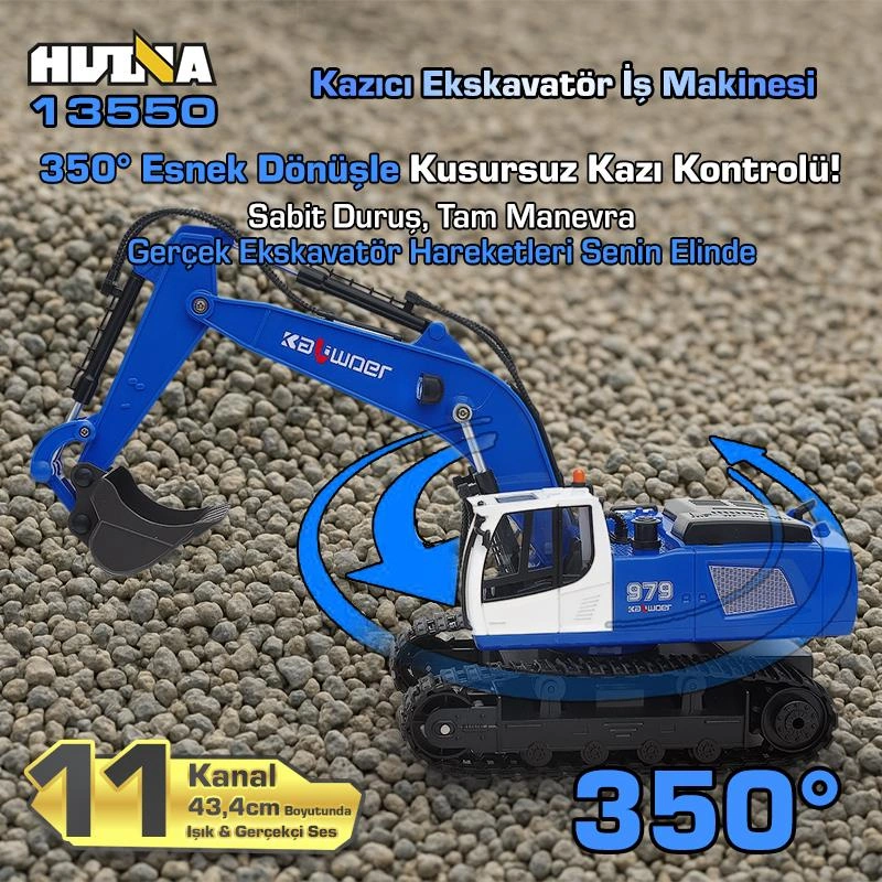 Huına Kaliwo 13550 1/18 11ch Kazıcı Ekskavatör İş Makinesi İnşaat Uzaktan Kumandalı Rc Model Metal Kepçeli Mavi - 2.4ghz Gerçekçi Similasyon Ses Ve Işık Sistemi Huına13550/blue