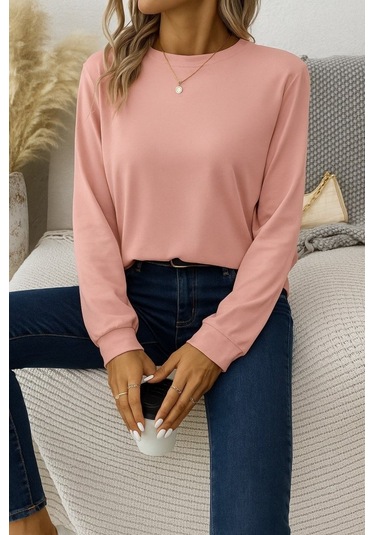 Tua Moda Kadın Uzun Kollu Bisiklet Yaka Viskon Bluz Pembe