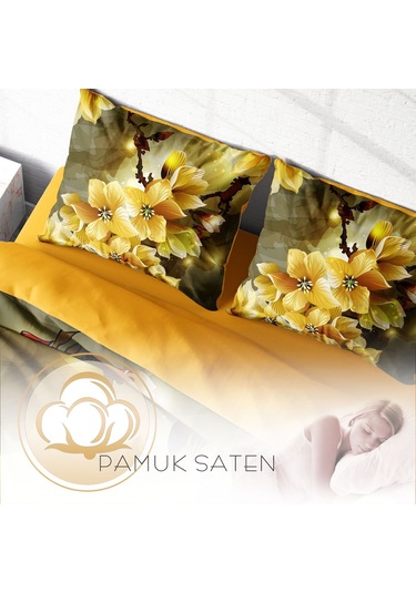 Monohome Yellow Flower 3D Pamuk Saten Çift Kişilik Nevresim Takım