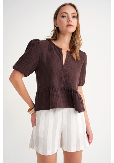 4713 Kadın Beli Büzgülü Kolu Lastikli Bol Müslin Bluz Kahve Kahve