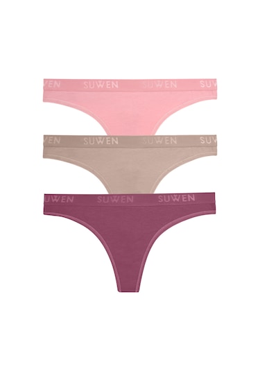 Suwen 3'lü Pamuklu String Külot St0045602366 Kahverengi - Mor - Pembe