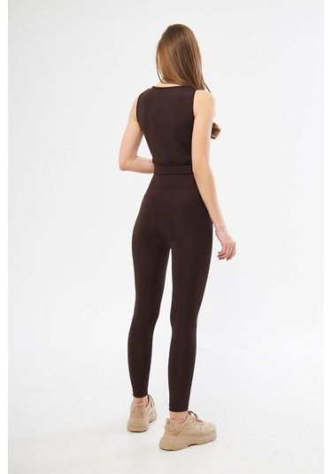 Lesa Wear Yüksek Bel Likralı Toparlayıcı Tayt Crop Takım Kahverengi