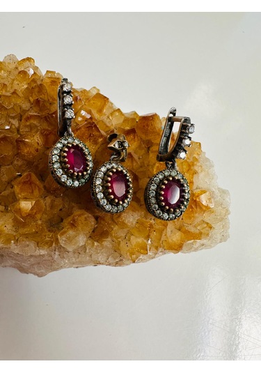 Gümüş Set Takım 1 Çift Küpe Ve 1 Kolye Yakut Ve Zirkon Taşlı