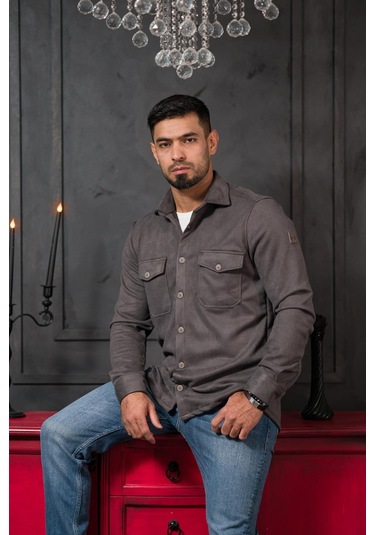 Advante Regular Fit Likralı Çift Cepli Pamuklu Astarsız Süet Gömlek Antrasit