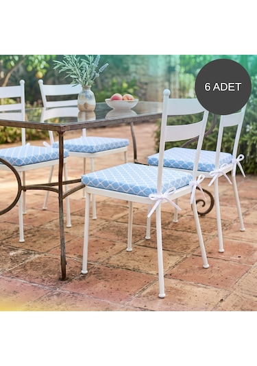 6 Adet 40x40 Cm Mavi Bağcıklı Sandalye Minderi Pamuk Polyester Kumaş Mutfak Ve Bahçe Minder