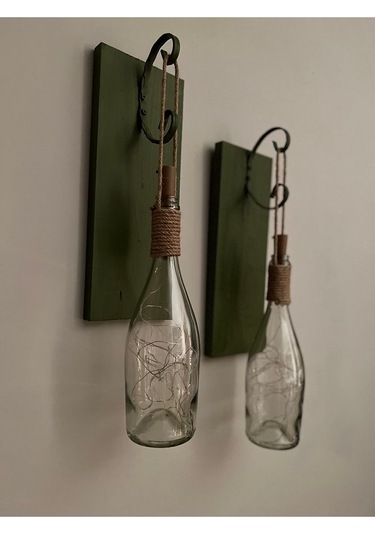 Tıpa Peri Led Işıklı Koyu Yeşil Ahşap Cam Şampanya Şişesi Duvar A Çok Renkli