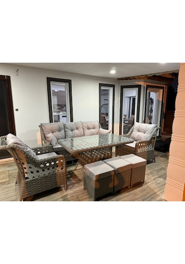 Neps Metal Rattan Bahçe Takımı 3+1+1, 2 Adet Puf Orta Masa Açık Gri