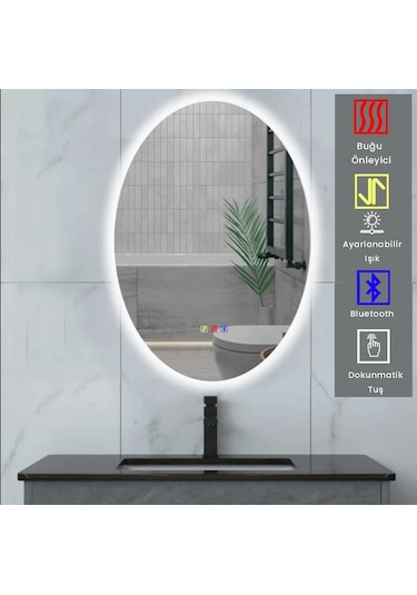 60x80 H Cm Bluetoothlu Buğu Çözücülü Dokunmatik Işıklı Ledli Elips Banyo Aynası