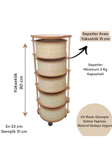 5 Katlı Ahşap Sebzelik Tekerlekli Naturel Gıdaya Uygun Kaliteli Mdf Modern Açık Kahverengi