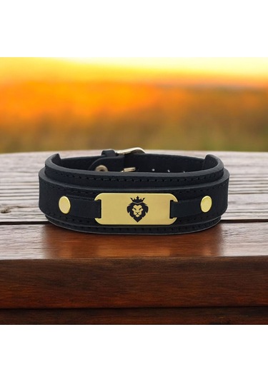 Archin Kral Aslan Temalı Oval Motifli 14 Ayar Altın Plakalı Doğal Siyah Derili Hediye Bileklik-438sembol Kral Aslan