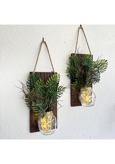 Led Işıklı, Mastana Bitki Çiçekli Duvar Dekoru Ceviz İkili Set Ceviz