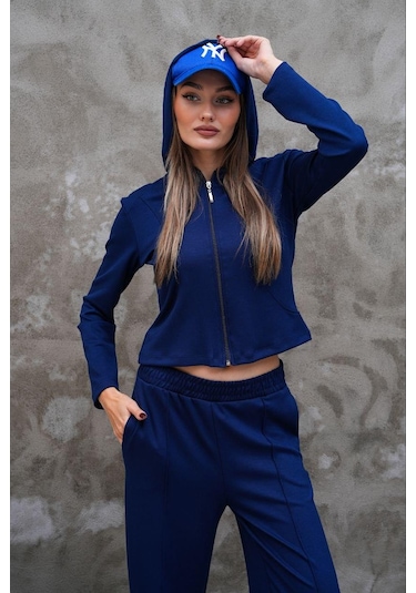 Elaxi Modal Kumaş Slim Fit Kapüşonlu İkili Takım Lacivert