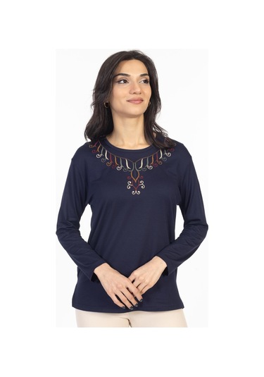 Yeni Model 2024 Nakış İşlemeli Yuvarlak Yaka Likralı Anne Penye Bluz 6450-lacivert
