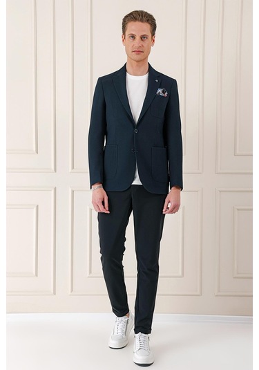 Comfort Fit Torba Cep Şeritli Dokuma Pamuk Casual Lacivert Ceket C 670 Lacivert