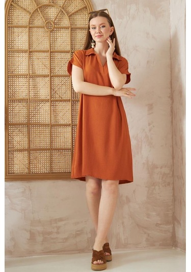 Kadın Bol Kesim Polo Yaka Kısa Kollu Günlük Kısa Midi Elbise Dizüstü 2883200 Kiremit