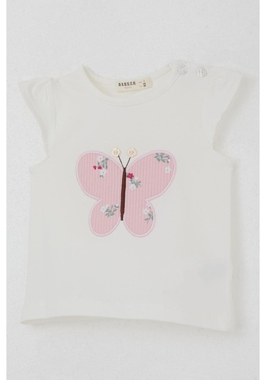 Breeze Kız Bebek Şortlu Takım Çiçek Baskılı Kelebek Nakışlı Düğme Aksesuarlı 6 Ay-2 Yaş, Ekru Ekru