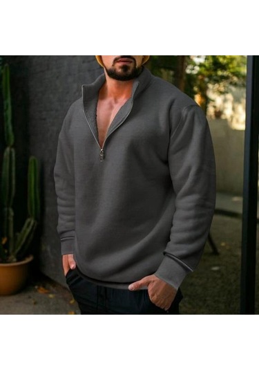 Erkek Yarım Fermuar Polar Kazak Üst Düz Renk Rüzgar Geçirmez Sonbahar Kış Uzun Kollu Yaka Kazak Beyaz