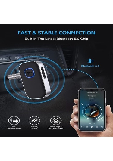 Novahub Bluetooth 5.0 Alıcı & Aux Adaptör: Araba & Ev Gürültü Önleyici Müzik Alıcısı, 16 Saat Pil, Kulaklık Uyumlu, Siyah/gümüş