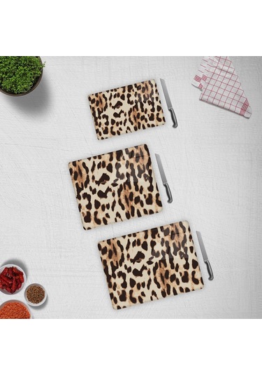 'lü Takım Leopar Desenli Cam Kesme Tahtası - Cam Kesme Tablası