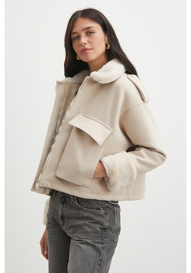 Apoletli Yünlü Körük Cepli Kaşe Mont Bej Bej