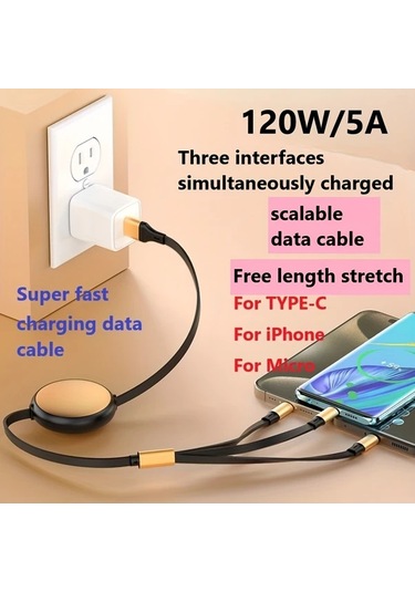 Honeybeeshop Beyaz Altın 120w 2de 3 Teleskopik Hizli Sarj Kablosu Usb Type C Micro Lightning Coklu Baslik İpdone Uyumlu Galaxy Uyumlu Xiaomi Huawei Icin