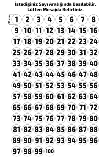 Sayı Etiketi Sayı Sticker Numara Etiketi 1'den 100'e Kadar Siyah