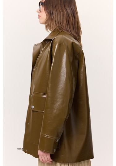 Halsey Dokulu Deri Ceket Yeşil Yeşil