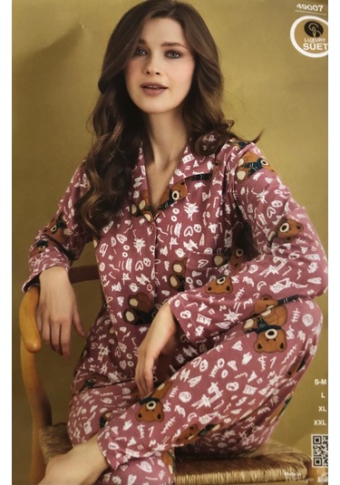 Çağrı Kadın Kışlık Süet Uzun Kollu Önü Düğmeli Yumuşak Dokulu Pijama Takımı Gül Kurusu