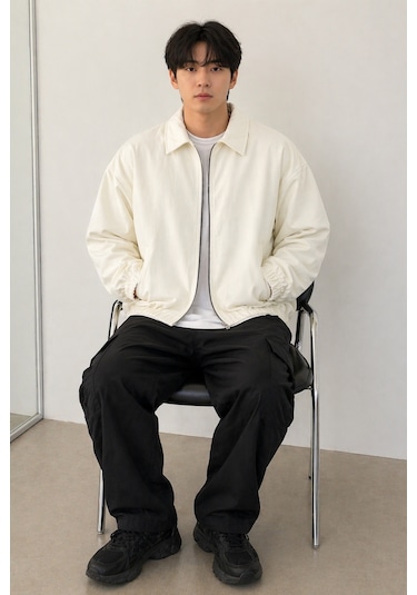 Tarz Cool Erkek Oversize Bomber Ceket Fermuarlı Basic Günlük Şık Mont Beyaz