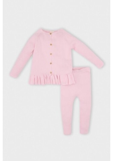 DeFacto Kız Bebek 2'li Takım Uzun Kollu Düğmeli Kazak Beli Lastikli Triko Alt C9762A524WNPN105 Pembe