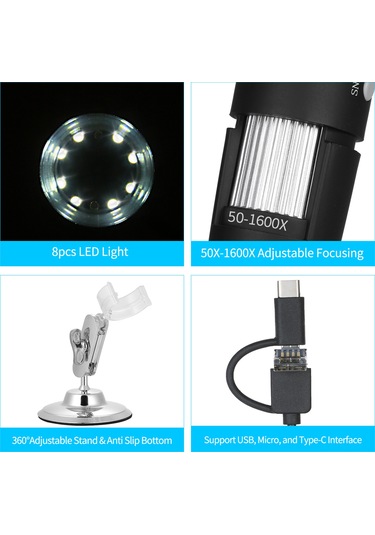 Otg Fonksiyonlu Usb Dijital Zoom Mikroskop Büyüteci, 8-led Işığı, 1600x Büyütme İle Standlı Büyüteç Siyah