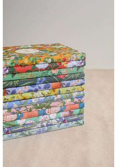 Çiçekli Bez Ciltli Defter / Çizgili Turuncu Desenli