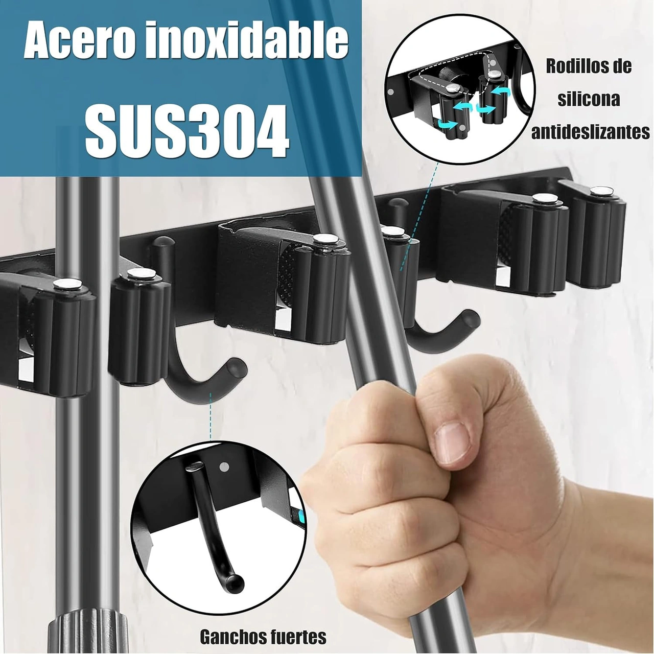 Dofolink Duvarlı Süpürge Ve Mop Tutucu, 5 Konumlu 4 Paslanmaz Çelik Kanca, Otomatik Yapışkan, Garaj-mutfak-banyo İçin Temizlik Aleti Organizerı