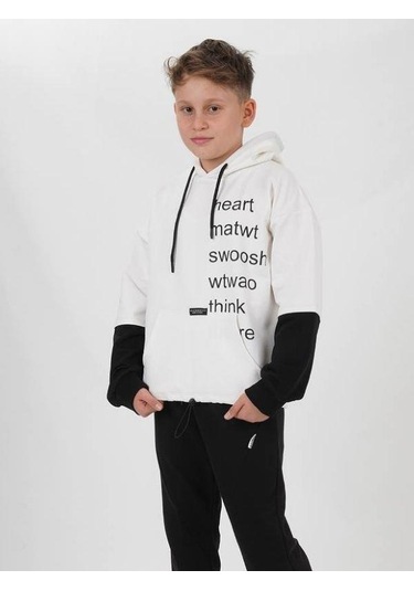 Çocuk Pamuklu Kapüşonlu Heart Mat Yazılı Sweatshirt-14830 Ekru