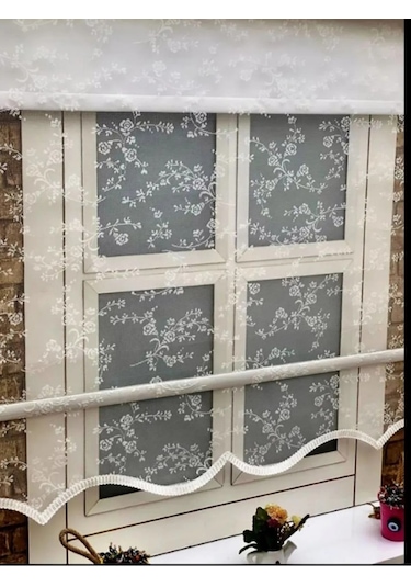 Çiçek Desen Çiftli Sistem Mekanizmalı Tül Ve Stor Perde Beyaz