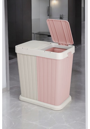 İronika Dokunmatik Kapaklı 2 Bölmeli Kirli Temiz Çamaşır Sepeti Oyuncak Sepeti 80lt Pembe-krem Pembe