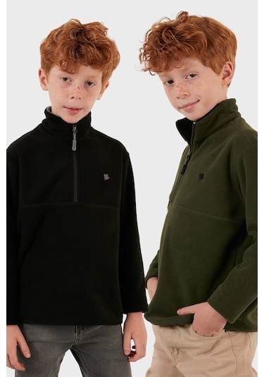 Lela Yumuşak Dokulu Fermuarlı Dik Yaka Şardonlu 2'Li Paket Çocuk Polar 5905002S2 Haki-Siyah