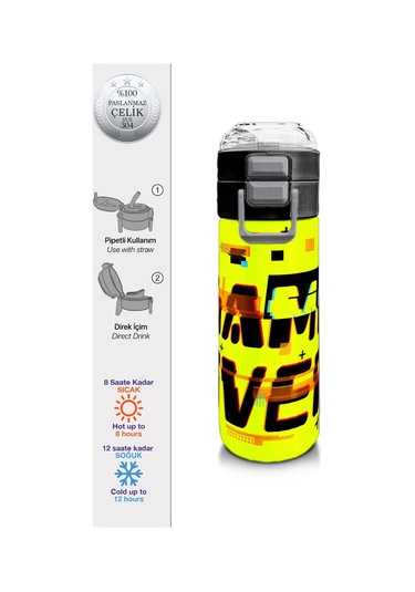 Coral High Kids Siyah Neon Sarı Game Over Desenli Pipetli Ve Direkt İçim Çelik Termos 500 Ml 31936 Neon