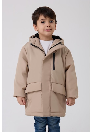 Erkek Çocuk Kürklü Su Ve Rüzgar Geçirmez Kapüşonlu 3 Kışlık Mont & Kaban & Parka Taş