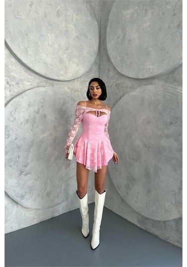 Dip Moda Kadın Bolero Detaylı Güpür Prenses Elbise Dpnbdf107 Pembe