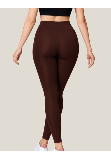 Toparlayıcı Yüksek Bel Kadın Günlük Spor Parlak Tayt Kahverengi