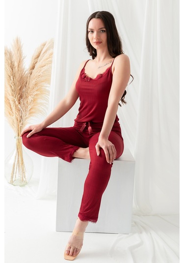 Sabahlıklı Dantel Detaylı Pegasus Kadın Pijama Takımı-çeyizlik Takım- Geniş Beden Aralığı Bordo