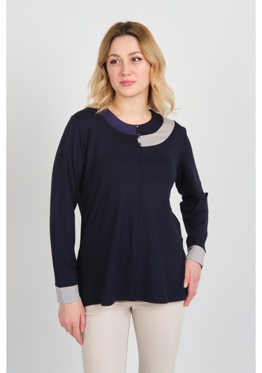 Detay Triko Kadın Boncuk Süslemeli Bisiklet Yaka Yanları Yırtmaçlı Anne Bluz 5723 Lacivert Lacivert