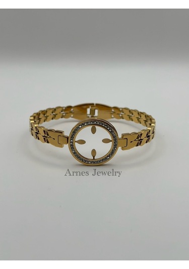 Arnes Jewelry Çelik Çeyrek Altın Takılabilen Kelepçe Bileklik Ar03 Gold