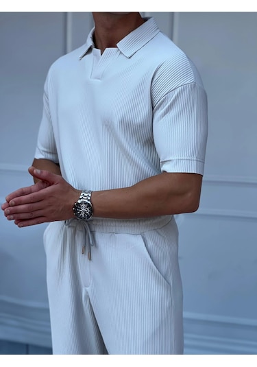 Modefendi Kesik Yaka Kalın Fitil Tshirt'lü Alt Üst Takım Gri