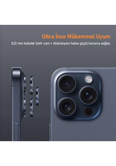 Buff Apple Uyumlu iPhone 15 Pro Max / 15 Pro Titanyum Lens Koruyucu Mavi