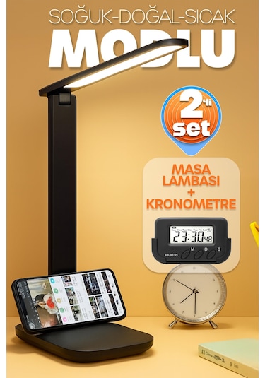 2li Set Şarjlı Masa Lambası + Kronometreli Öğrenci Saati Mod Ayarlı Ders Çalışma Okuma Lambası 7032s Siyah