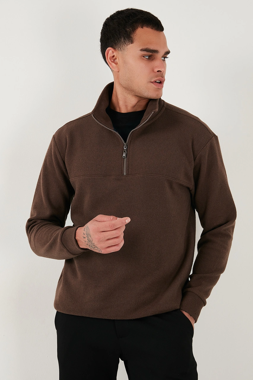 Buratti Pamuklu Regular Fit Yarım Fermuarlı Dik Yaka Erkek Kazak 456112 Kahve