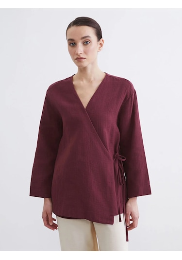 Lc Waikiki Bordo Kruvaze Yaka Kadın Müslin Kimono