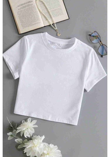 Merry See Pamuklu Yumuşak Dokulu Kısa Kol Bisiklet Yaka Bluz Crop Beyaz 001